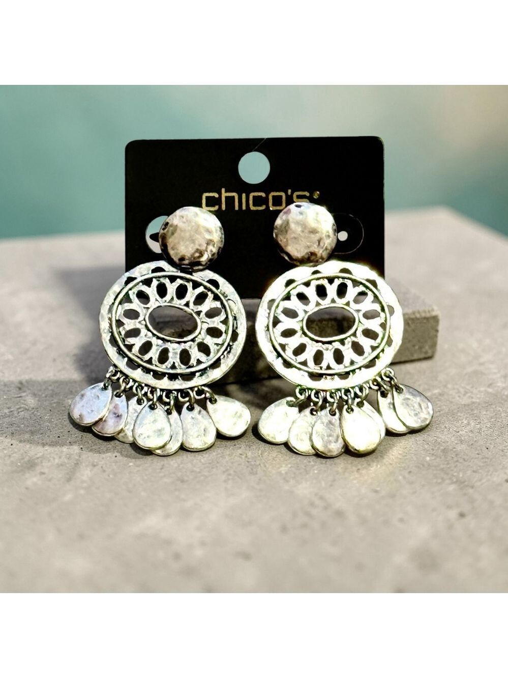 Chico's Silver Filigree Fringe Statement Earrings NWT - Picture 6 of 8